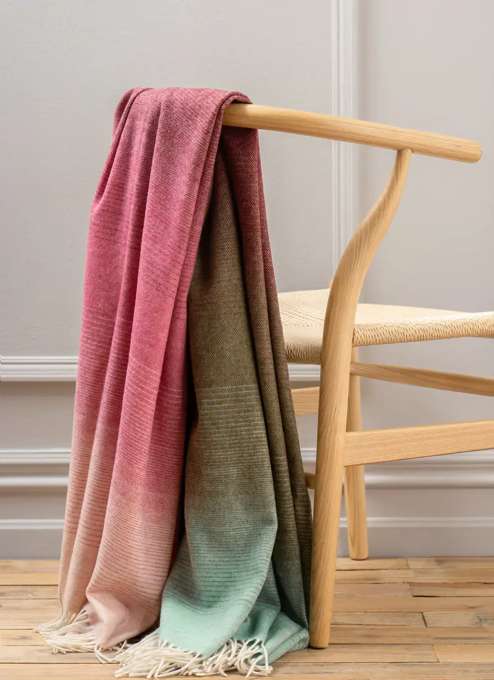 Pink Khaki Plaid Merino Wool Throw